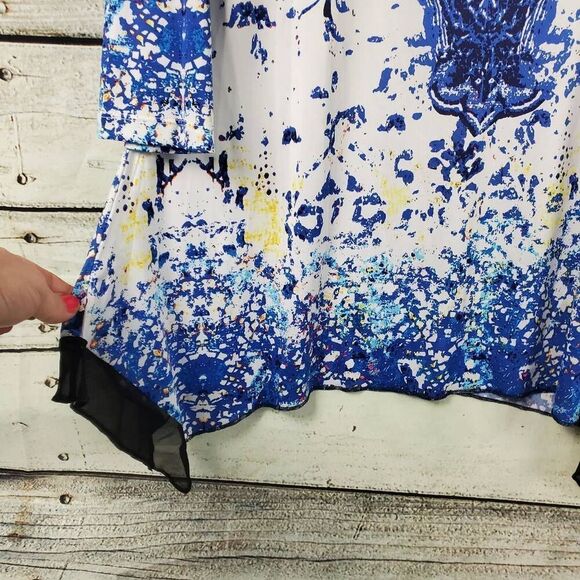 Peter Nygard Women's Tunic Top Size L Blue Abstract Boho Print Hi-Low Hem 3/4 Sl - Picture 3 of 6